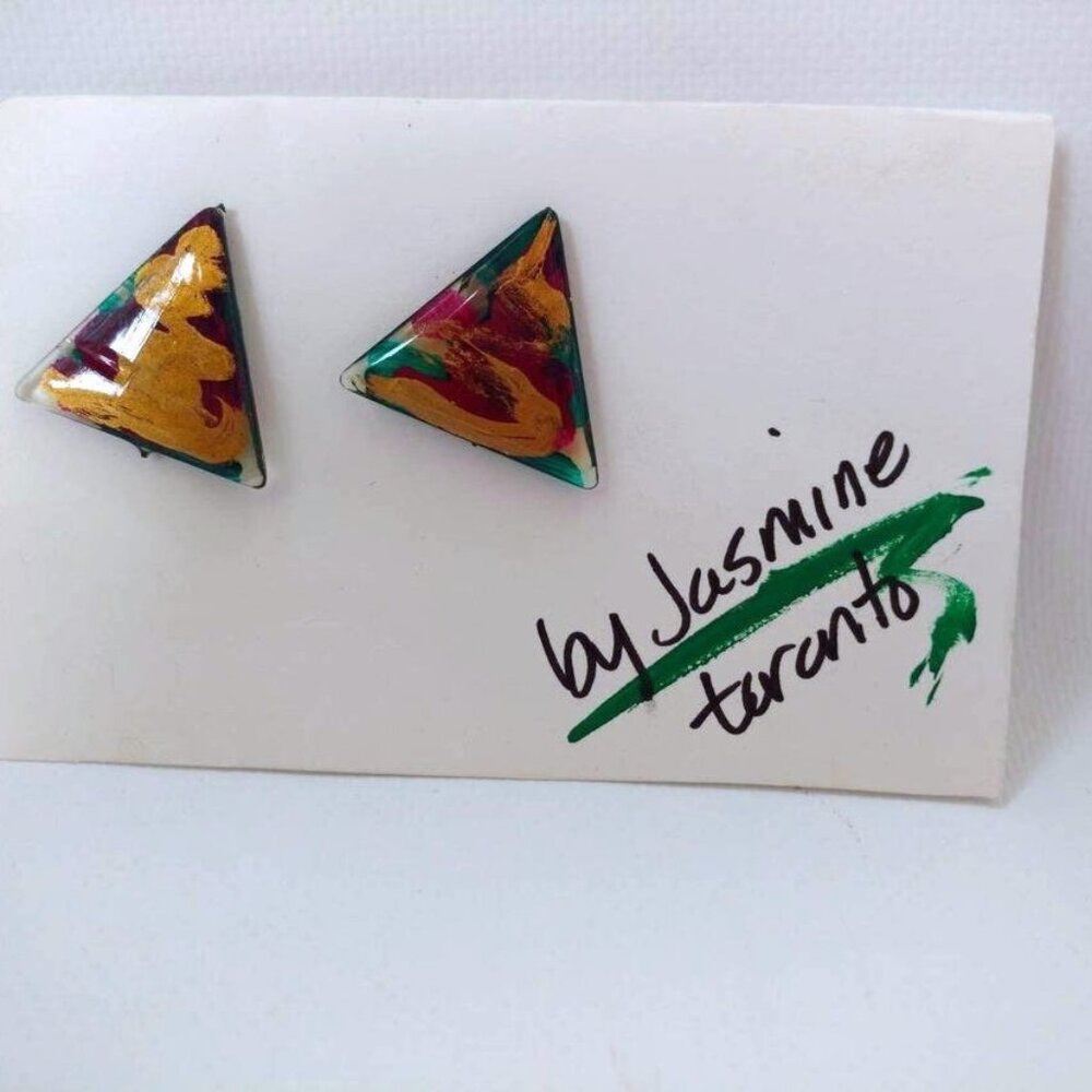 Vintage 80s Resin Triangle Earrings Gold Pink Green by Jasmine Toronto